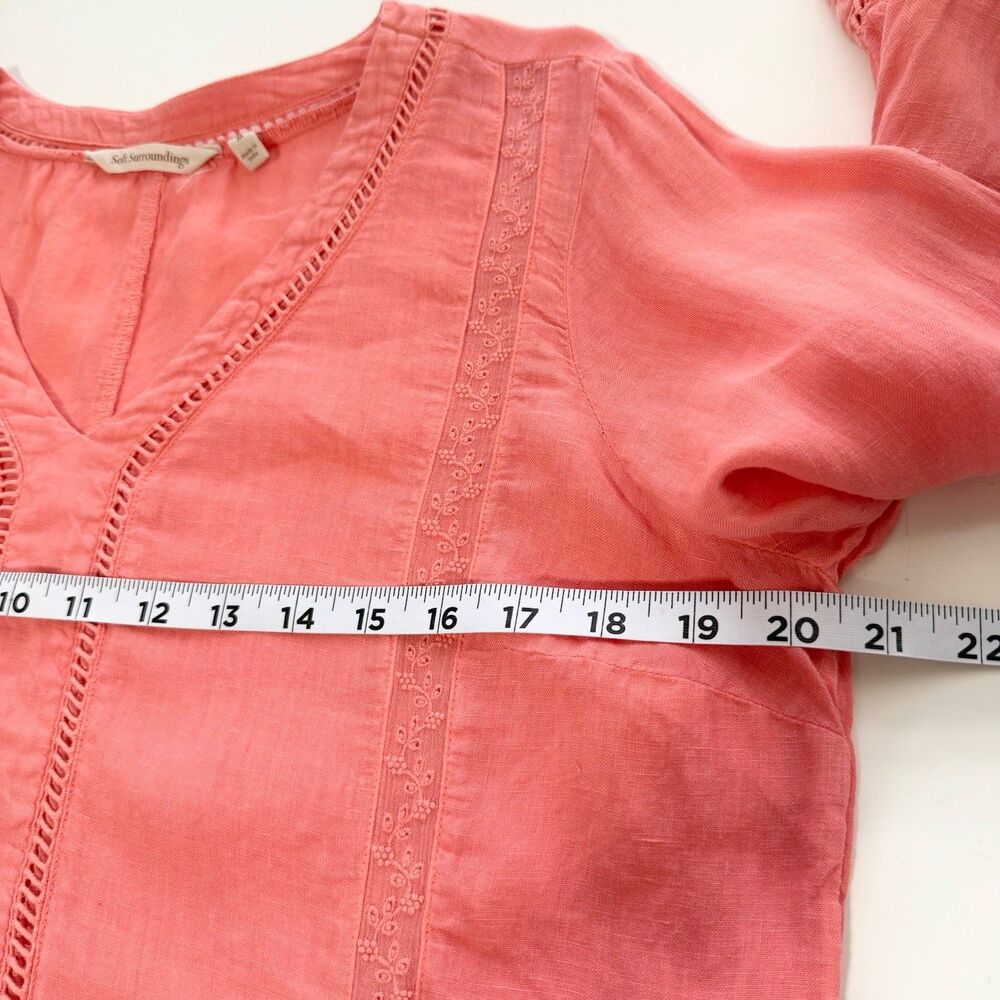 Soft Surroundings Coral Linen Tunic Top Medium V Neck 3/4 Sleeve Boho - Picture 10 of 11